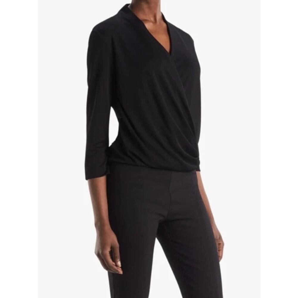 MM. LaFleur Deneuve Blouse Top Black Faux Wrap Stretch Knit 3/4 Sleeve Size XS